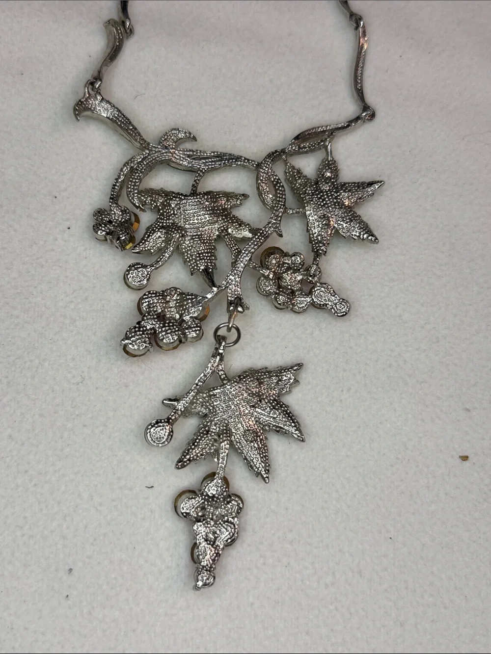 Pink Crystal Grape Necklace & Earring Set with Green Leaf Accents